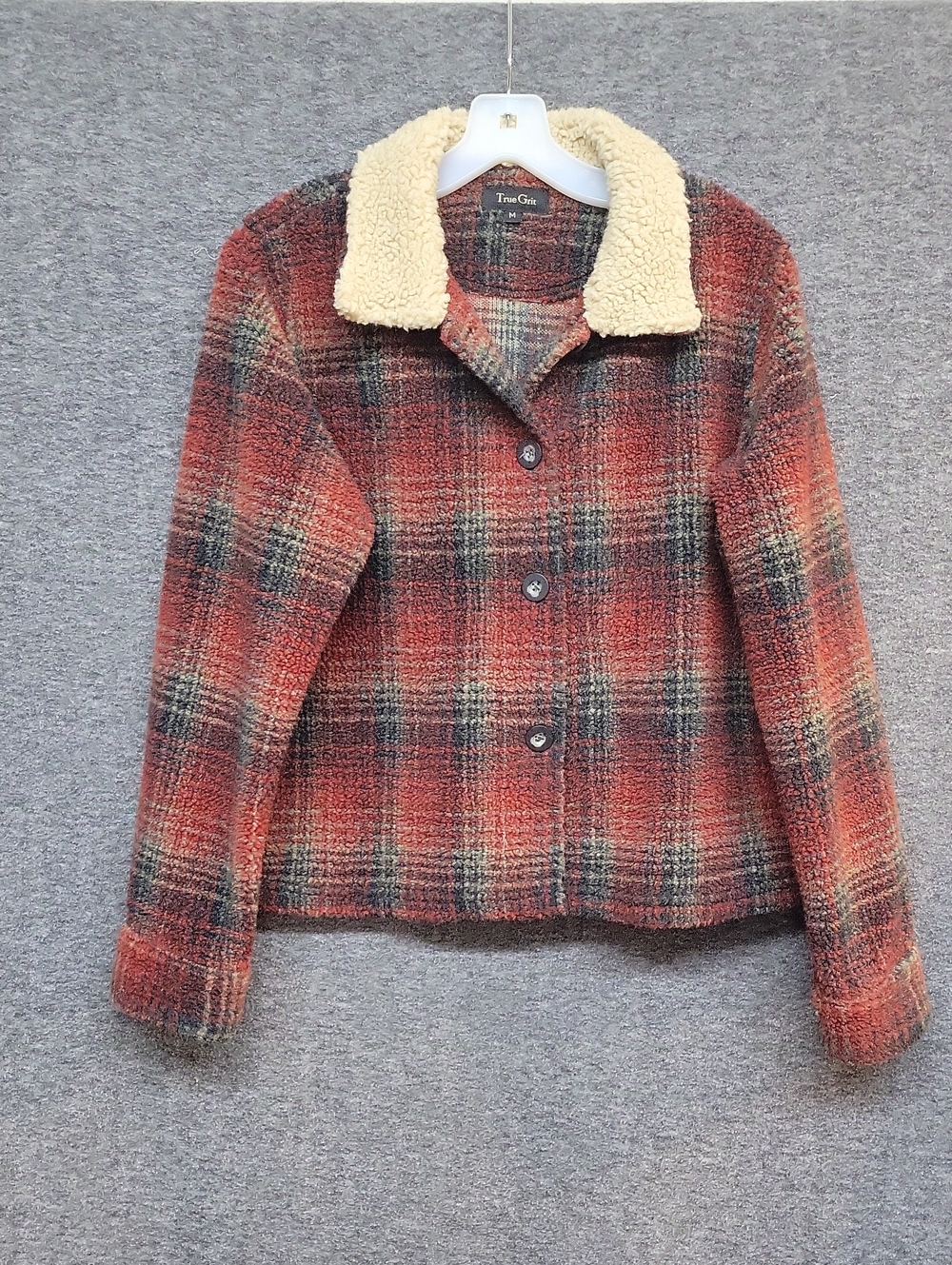 True Grit Chalet Cabin Jacket Plush, Plaid & Faux Sherpa Trim Womens Size M USA